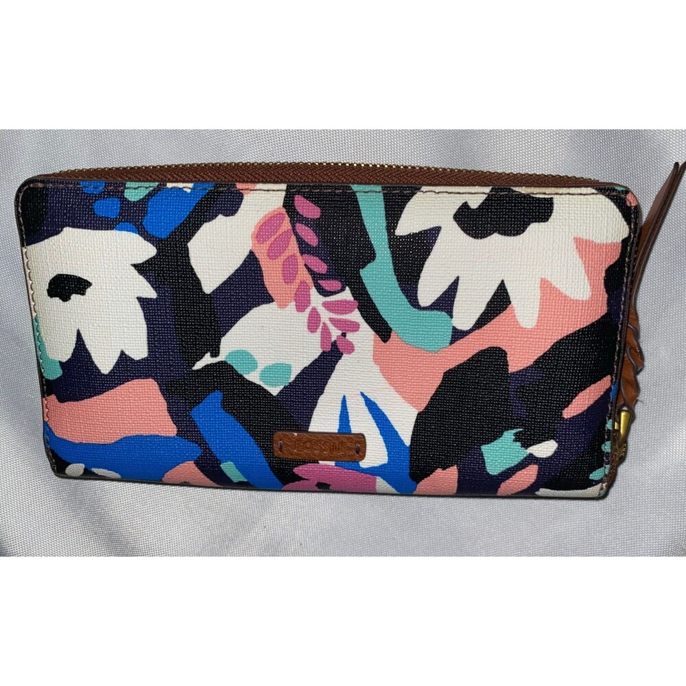Fossil Womans Zip Around Black Large Wallet Abstract Floral Design Colorful